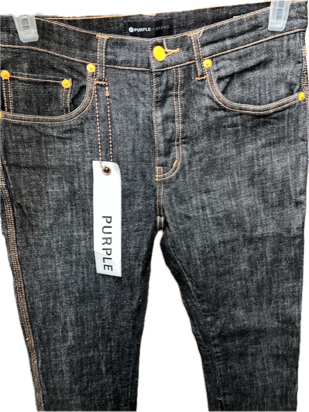 Purple Brand Slim tapered p-001 raw Black denim Jean Contrast Gold orange nwt 32